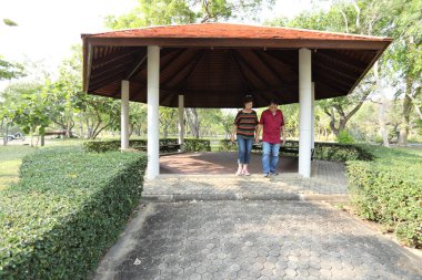 Doğu Asya 'nın son sınıf çifti parkta yürüyor.