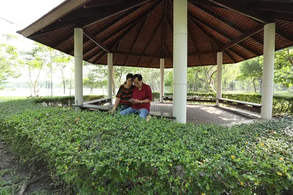 Doğu Asya 'nın son sınıf çifti parkta oturmuş dinleniyor..