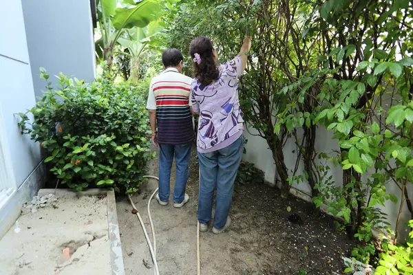 Doğu Asyalı yaşlı çift evin etrafındaki bahçedeki çiçekleri suluyor..