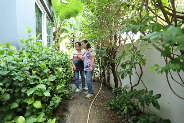 Doğu Asyalı yaşlı çift evin etrafındaki bahçedeki çiçekleri suluyor..