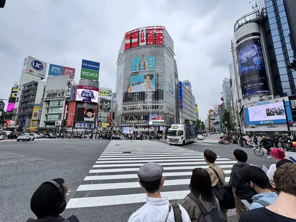 Tokyo, Japonya - 24 Mayıs 2025: İnsanların yeşil ışığın geçmesini beklediği kalabalık Shibuya geçidi, Shibuya, Tokyo, Japonya 'da bulunan ünlü kavşaktır..