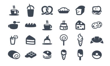 Fırın ve abur cubur simgelerinden oluşan bir vektör dosyası koleksiyonu.