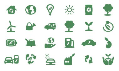 Ekolojik kavramlar içeren bir vektör simgesi koleksiyonu.