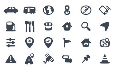 Navigasyon ve haritalama için vektör simgelerinin bir koleksiyonu.