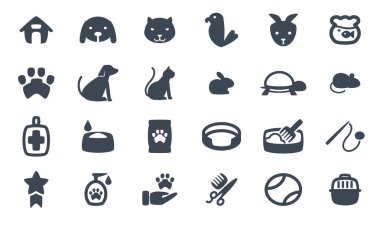 Evcil hayvan ve veteriner bakımıyla ilgili vektör simgelerinin bir derlemesi.
