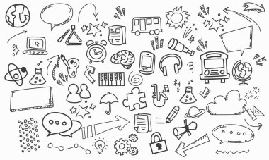 Eğitim ve öğrenim konsepti ile karalama çizimleri içeren bir vektör dosyasının arka planı.