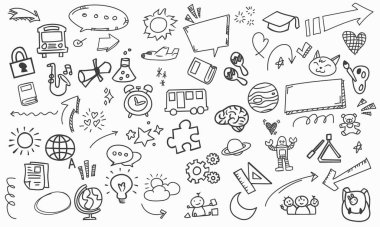 Eğitim ve öğrenim konsepti ile karalama çizimleri içeren bir vektör dosyasının arka planı.