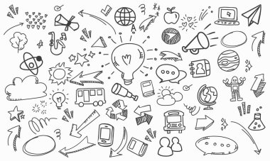 Eğitim ve öğrenim konsepti ile karalama çizimleri içeren bir vektör dosyasının arka planı.