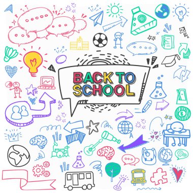 Eğitim ve öğrenim konsepti ile karalama çizimleri içeren bir vektör dosyasının arka planı.