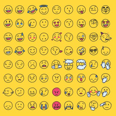 Doodle-style emoticon simgelerini içeren bir vektör dosyası koleksiyonu