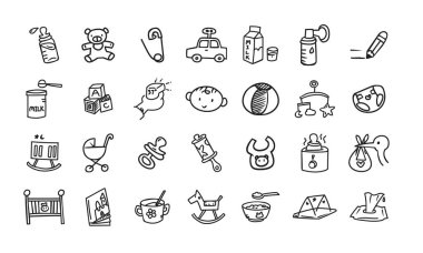 Bebek konsepti etrafında karalama tarzında bir vektör simgesi dosyası seti.