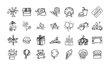 Bir lunapark çevresinde temalı karalama biçiminde bir vektör simgesi dosyası seti