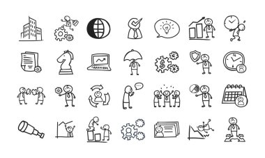 Vektör dosyası iş konsepti temalı bir karalama tarzı simge seti içeriyor