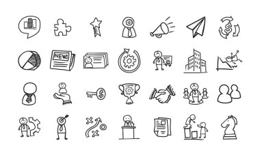 Vektör dosyası iş konsepti temalı bir karalama tarzı simge seti içeriyor