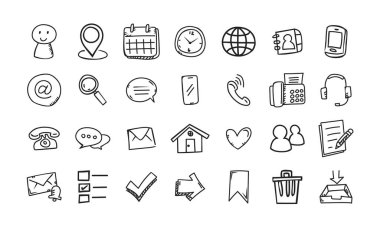 Temas ve iletişim temalı karalama tarzı vektör simgeleri.