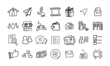 Temel sosyal kullanım elemanları içeren karalama tarzı vektör simgeleri.