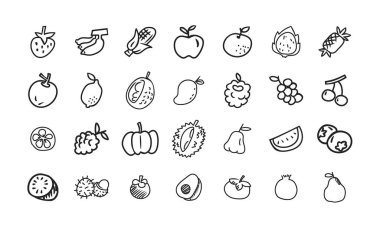 Bu vektör dosyası meyve temaları üzerine odaklanmış karalama biçiminde bir simge kümesini içerir.