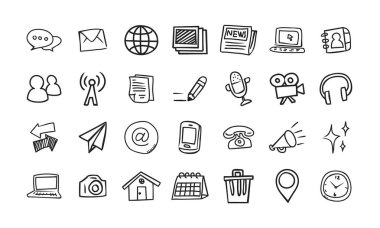 Bu vektör dosyası ortam ve aygıt temalarına odaklanmış karalama biçiminde bir simge setini içerir.