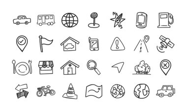 Navigasyon ve haritalar etrafında çizim tarzı vektör simgeleri.