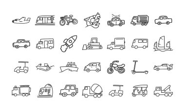 Ulaşım etrafında karalama tarzı vektör simgeleri.