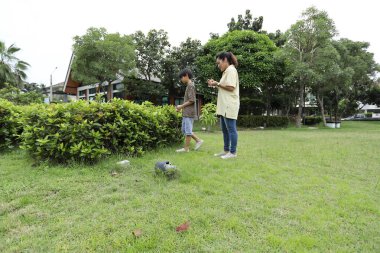 Güneydoğu Asya 'lı bekar bir anne çocuğuyla parkta vakit geçirir ve bitki, böcek ve doğal çevre gibi doğa temelli öğrenme faaliyetleriyle ilgilenir..