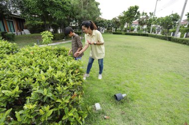 Güneydoğu Asya 'lı bekar bir anne çocuğuyla parkta vakit geçirir ve bitki, böcek ve doğal çevre gibi doğa temelli öğrenme faaliyetleriyle ilgilenir..