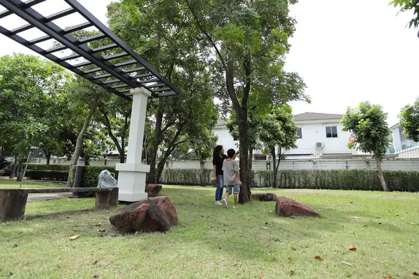 Güneydoğu Asya 'lı bekar bir anne çocuğuyla parkta vakit geçirir ve bitki, böcek ve doğal çevre gibi doğa temelli öğrenme faaliyetleriyle ilgilenir..