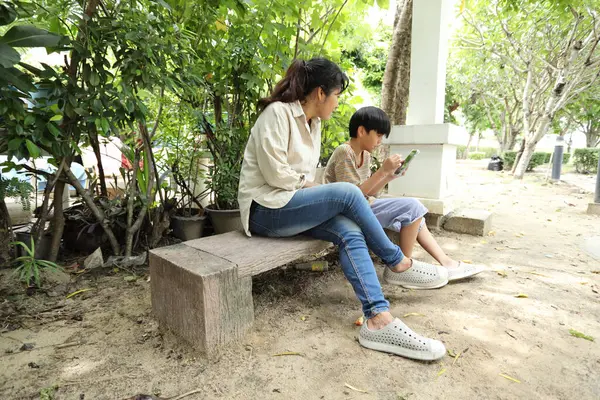 Güneydoğu Asya 'lı bekar bir anne çocuğuyla parkta vakit geçirir ve bitki, böcek ve doğal çevre gibi doğa temelli öğrenme faaliyetleriyle ilgilenir..