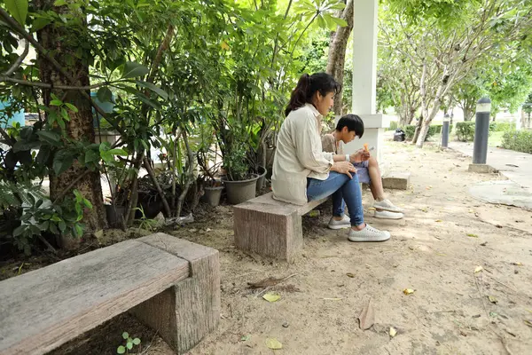 Güneydoğu Asya 'lı bekar bir anne çocuğuyla parkta vakit geçirir ve bitki, böcek ve doğal çevre gibi doğa temelli öğrenme faaliyetleriyle ilgilenir..