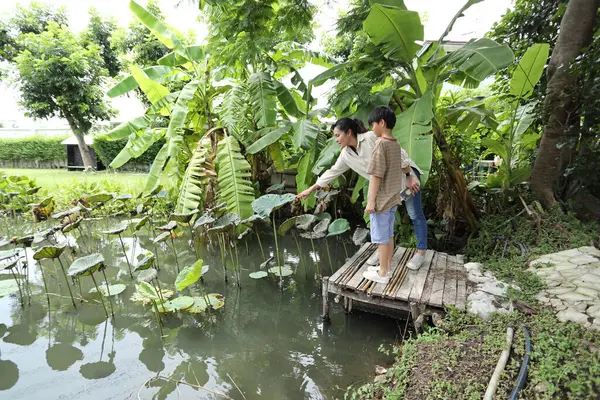 Güneydoğu Asya 'lı bekar bir anne çocuğuyla parkta vakit geçirir ve bitki, böcek ve doğal çevre gibi doğa temelli öğrenme faaliyetleriyle ilgilenir..