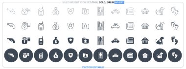 This editable vector file features law and justice icons in both solid and outline styles.
