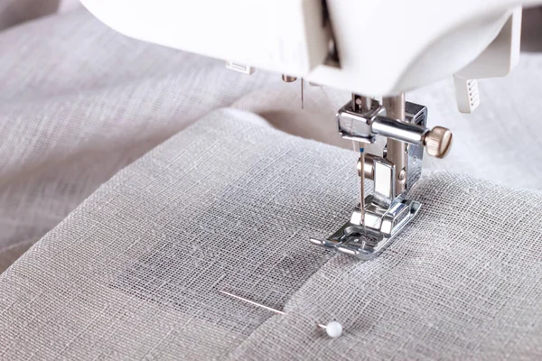 Modern Sewing Machine Presser Foot Linen Fabric Thread Closeup Copy — Fotografia de Stock
