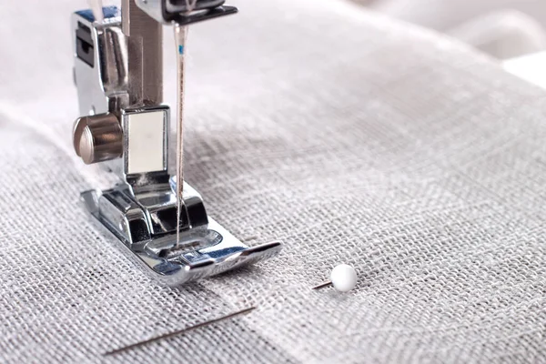 Modern Sewing Machine Presser Foot Linen Fabric Thread Closeup Copy — Photo