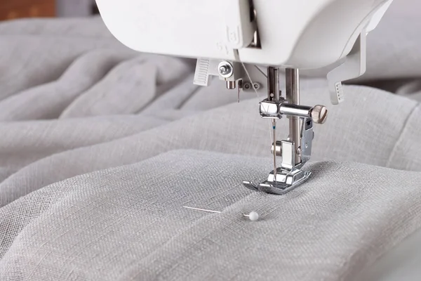 Modern Sewing Machine Presser Foot Linen Fabric Thread Closeup Copy — Stock Photo, Image