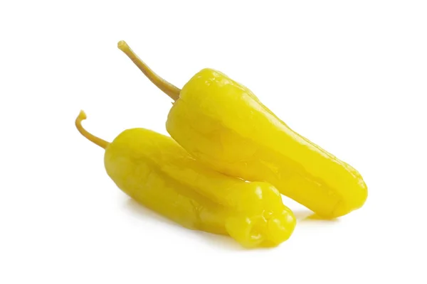 Two Pickled Yellow Peppers Pepperoncini Friggitelli Isolated White Background Hot — Stok fotoğraf