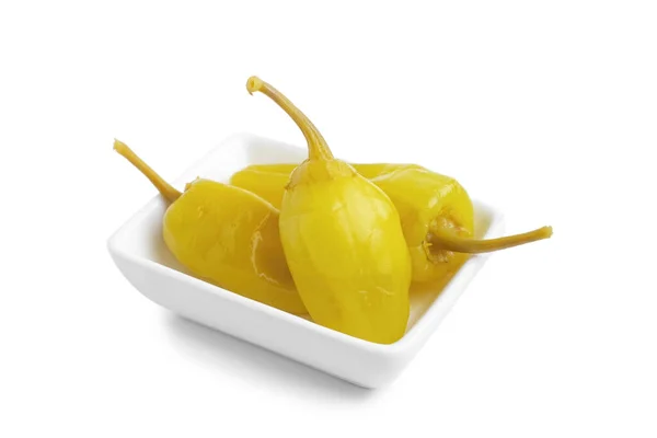 Three Pickled Yellow Peppers Pepperoncini Friggitelli Isolated White Background Hot — 스톡 사진