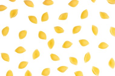 Conchiglioni spagetti kalıbı, yemek geçmişi. Beyaz arka planda izole edilmiş çiğ makarna, aşçı malzemesi, geleneksel İtalyan mutfağı. Pankart, başlık, restoran menüsü için zemin