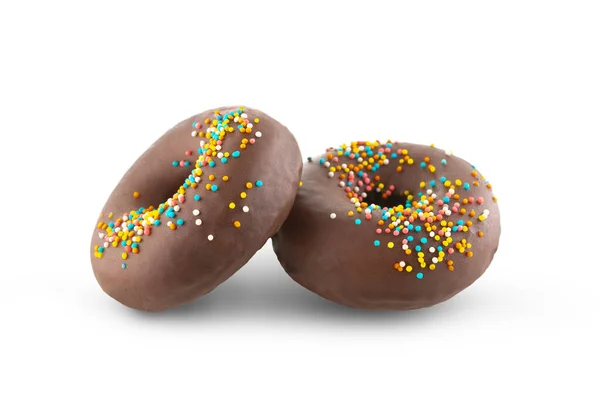 Två Chokladmunkar Dekorerade Med Strössel Isolerad Vit Bakgrund Bageri Munk — Stockfoto