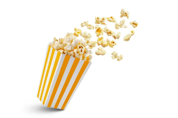 Popcorn Flyger Gul Vit Randig Papper Låda Isolerad Vit Bakgrund — Stockfoto