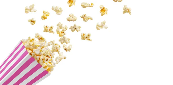Popcorn Vliegen Uit Roze Wit Gestreepte Papieren Doos Geïsoleerd Witte — Stockfoto