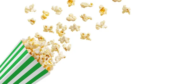 Popcorn Flyger Gröna Vita Randiga Papper Box Isolerad Vit Bakgrund — Stockfoto