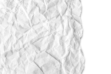 Recycled crumpled white paper texture with a torn edge isolated on white background. Wrinkled and creased abstract backdrop, wallpaper with copy space, top view. clipart