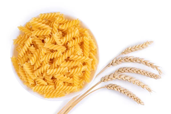 Pasta Wheat Spikelets Isolated White Background Raw Pasta Fusilli Ingredient — Stock Photo, Image