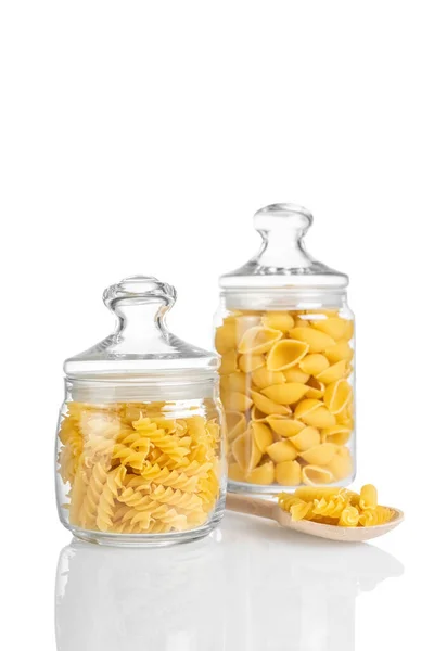 Fusilli Conchiglioni Glass Jar Isolated White Background Two Different Types Royalty Free Stock Images