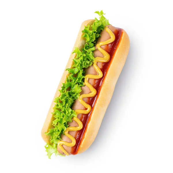 Hot Dog Maison Avec Moutarde Jaune Ketchup Tomates Feuilles Salade — Photo