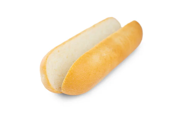 Hot Dog Gesneden Geopend Tarwebroodje Geïsoleerd Witte Achtergrond Koken Ingrediënt — Stockfoto