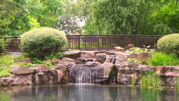 夏の日に公園や庭に石と小さな装飾的な滝 景観デザイン — ストック動画