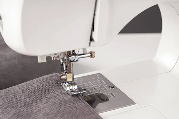 Modern Sewing Machine Gray Fabric Sewing Process Clothes Curtains Upholstery — Stock Photo, Image