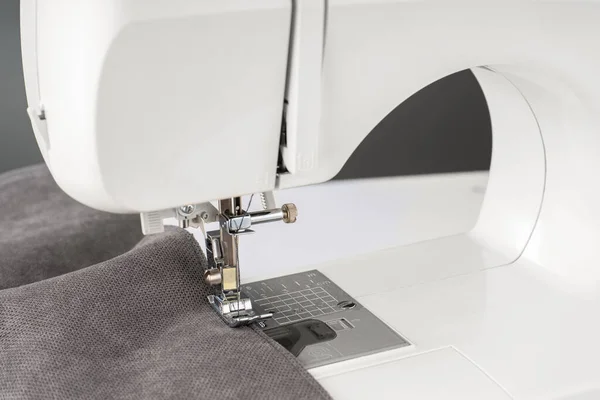 Modern Sewing Machine Gray Fabric Sewing Process Clothes Curtains Upholstery — Stock Photo, Image