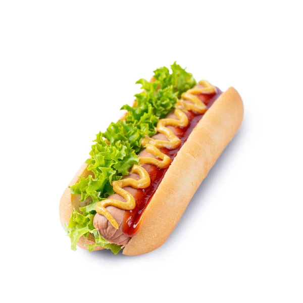 Házi Készítésű Hot Dog Sárga Mustárral Ketchuppal Paradicsommal Friss Salátalevéllel — Stock Fotó